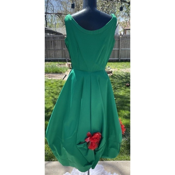 Vtg 50s Bubble Hem Cupcake Cocktail Dress Emerald Red Rose Accents Size 0 2 Prom - Picture 6 of 12